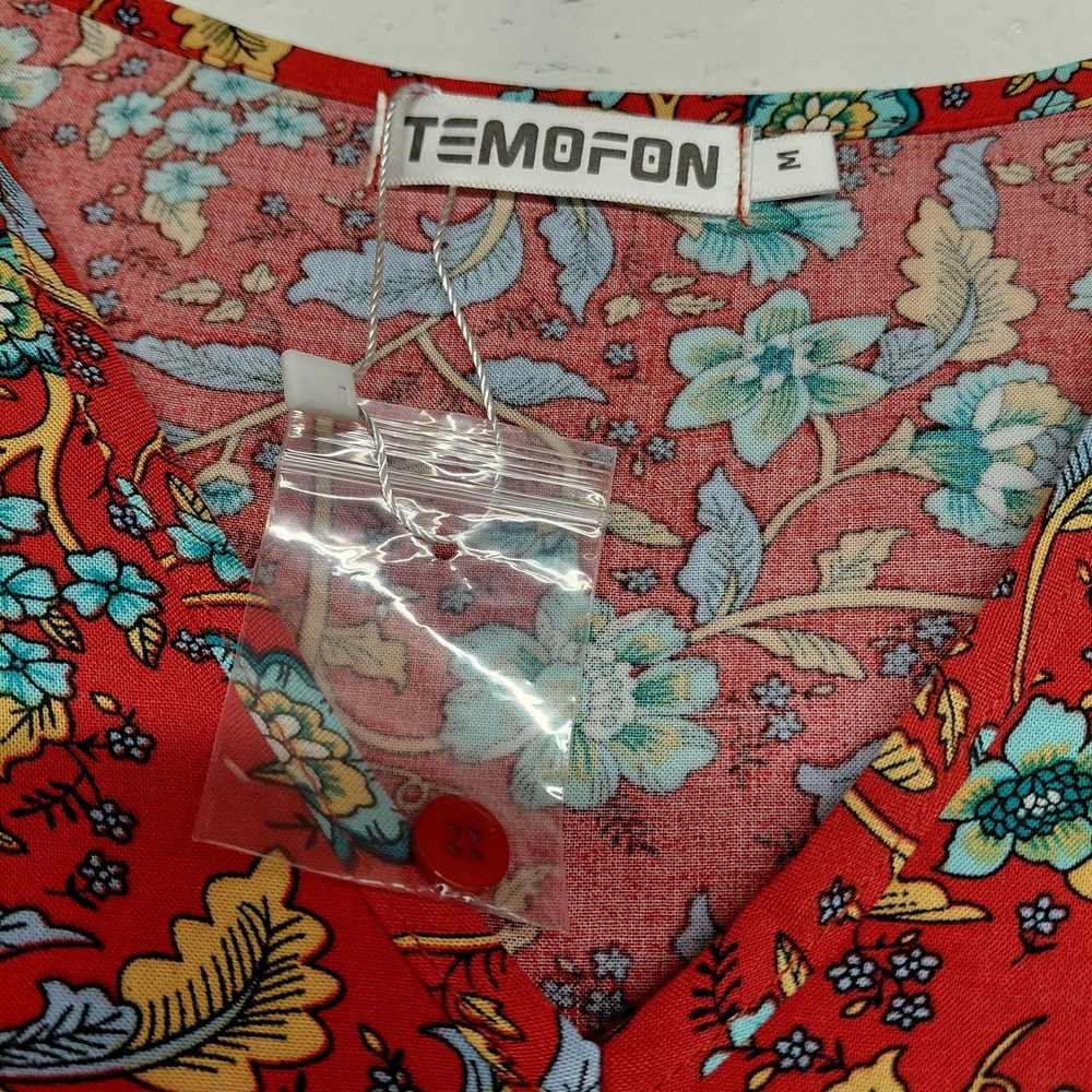 Temofon Womens Red Floral V-neckline Dress Size Medium Light Resort Holiday Chic - Picture 7 of 16